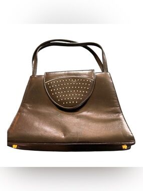 VTG St. John Italian Black Leather Handbag Laser Cut Front Flap  Handles 9.5X6